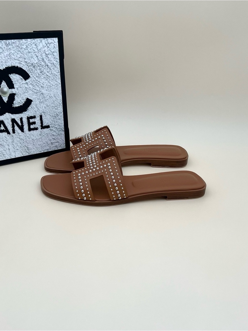 Hermes Brown Studded Leather Slide Sandals